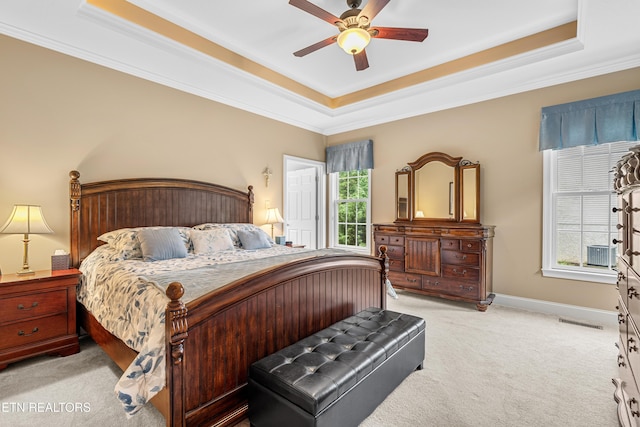 144 Nunyu Trl, Vonore, TN 37885 - bedroom featuring a raised ceiling, light colored carpet, ornamental molding, ceiling fan, and baseboards