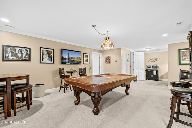 144 Nunyu Trl, Vonore, TN 37885 - recreation room with crown molding, baseboards, light colored carpet, pool table, and recessed lighting