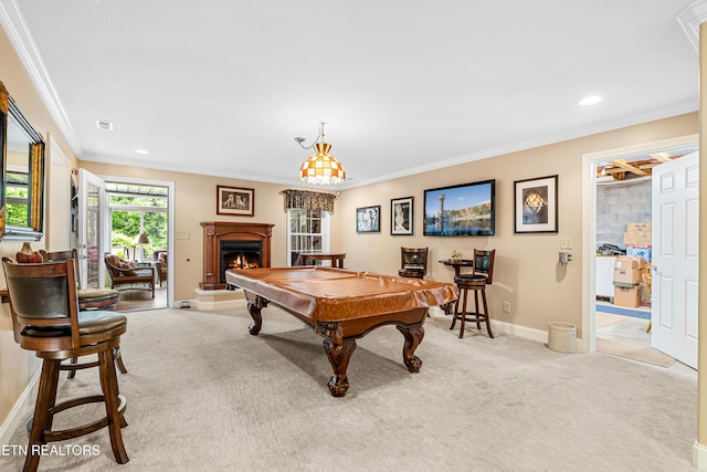 144 Nunyu Trl, Vonore, TN 37885 - playroom with crown molding, light carpet, pool table, a warm lit fireplace, and baseboards