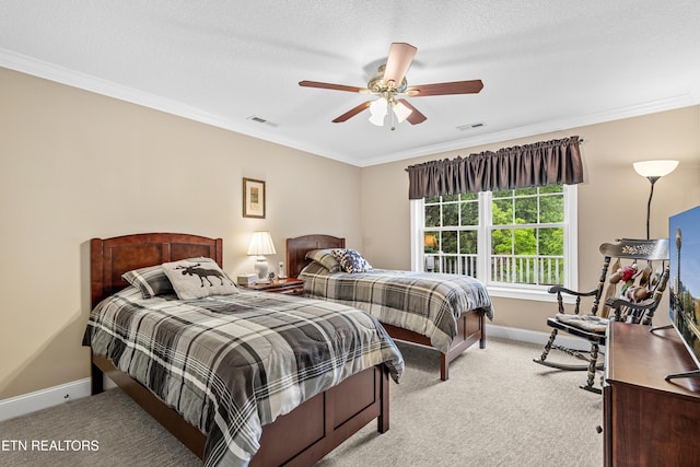 144 Nunyu Trl, Vonore, TN 37885 - bedroom featuring light carpet, ornamental molding, baseboards, ceiling fan, and a textured ceiling