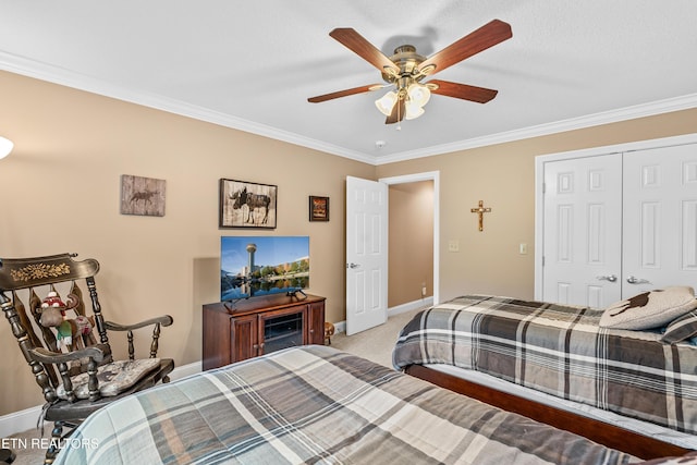 144 Nunyu Trl, Vonore, TN 37885 - carpeted bedroom with ornamental molding, baseboards, ceiling fan, and a closet
