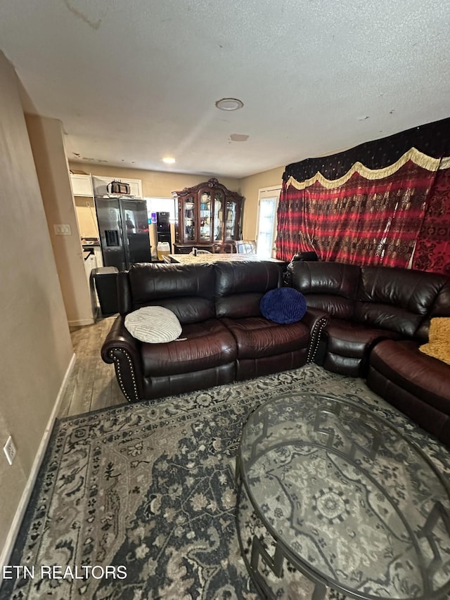 living area with baseboards, wood finished floors, and a textured ceiling