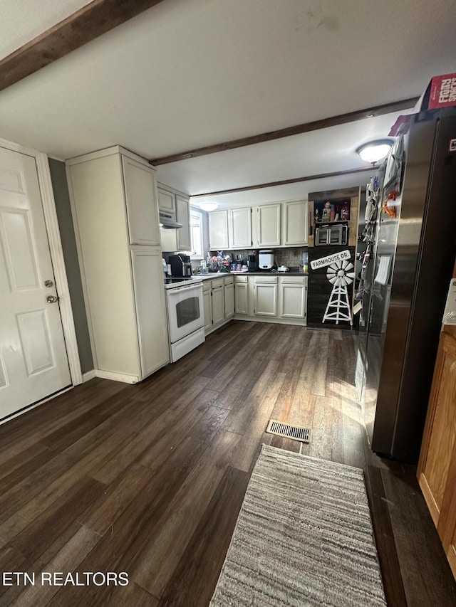 152 Country Way Dr, Lafollette, TN 37766 - kitchen featuring under cabinet range hood, electric stove, dark wood-style floors, visible vents, and freestanding refrigerator