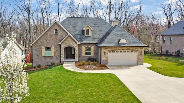 french country inspired facade featuring stone siding, fence, a chimney, a front yard, and driveway