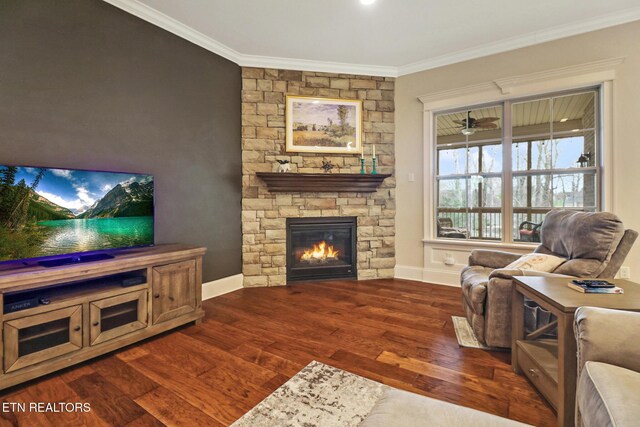 living room with a fireplace, wood finished floors, and crown molding
