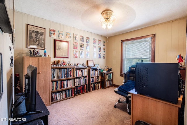 home office with carpet floors, a textured ceiling, and a ceiling fan