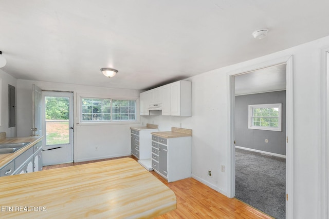869 Poplar Grove Rd, Harrogate, TN 37752 - kitchen featuring baseboards, light countertops, white cabinetry, under cabinet range hood, and light wood-style floors