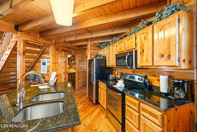 kitchen with light wood finished floors, wooden walls, a sink, and stainless steel appliances