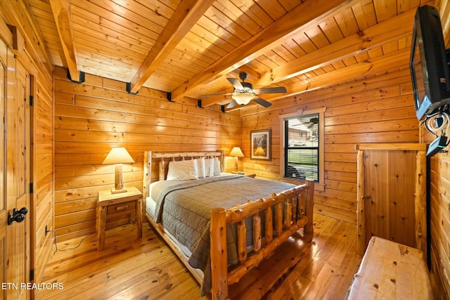 bedroom featuring beamed ceiling, wooden walls, light wood-style floors, and wooden ceiling