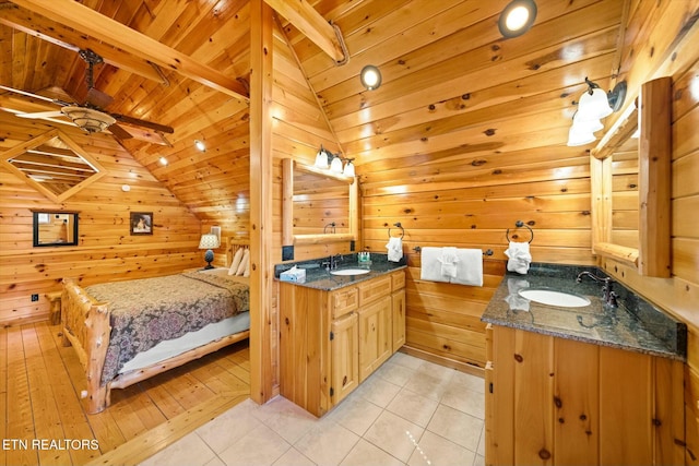 full bathroom featuring wooden ceiling, wooden walls, tile patterned floors, and vanity