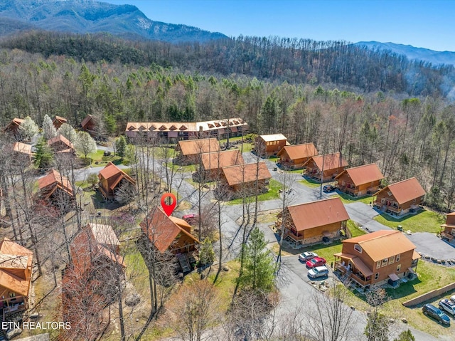 birds eye view of property featuring a mountain view and a forest view