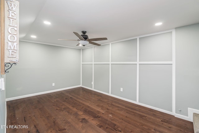 empty room featuring baseboards, dark wood-style flooring, recessed lighting, and a ceiling fan