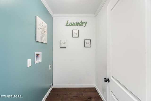 washroom featuring ornamental molding, dark wood-style floors, laundry area, and washer hookup