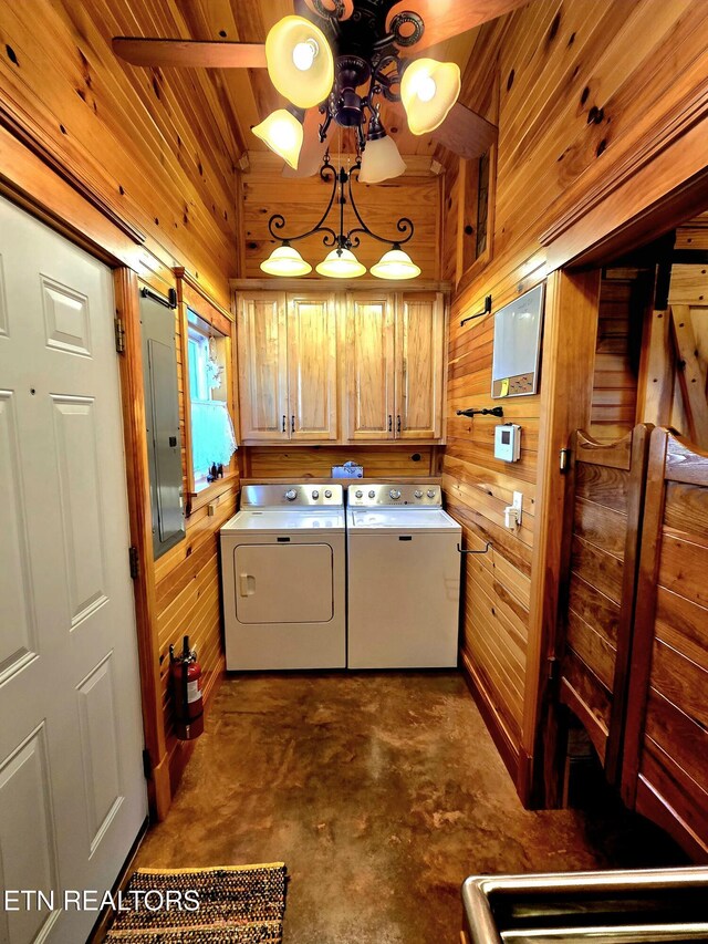 145 Horse Haven Rd, Allardt, TN 38504 - laundry room with ceiling fan, electric panel, washing machine and dryer, cabinet space, and wooden walls