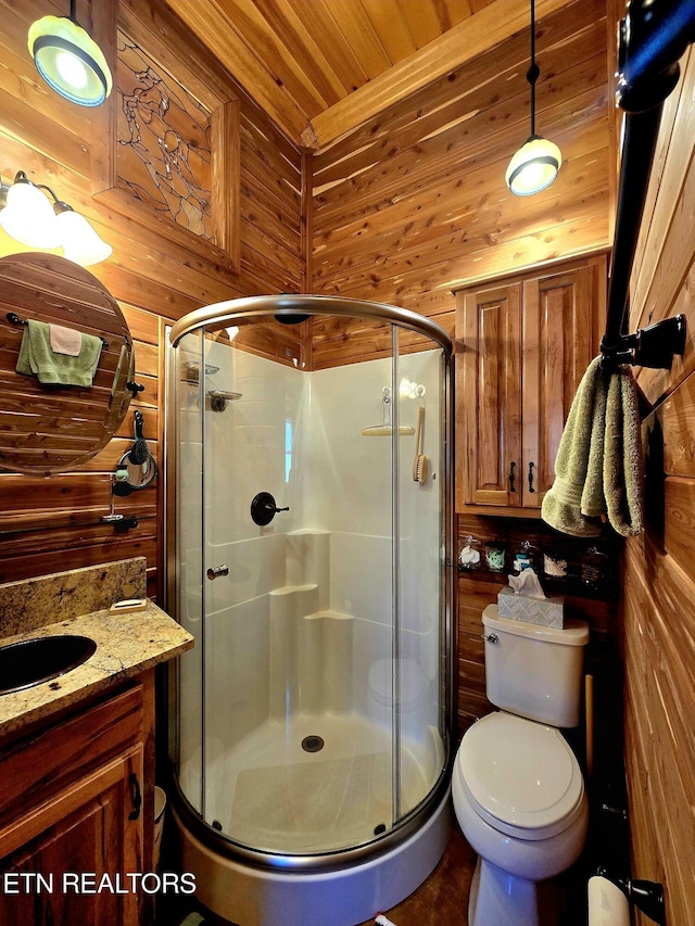 145 Horse Haven Rd, Allardt, TN 38504 - bathroom featuring vanity, toilet, wooden walls, wood ceiling, and a stall shower