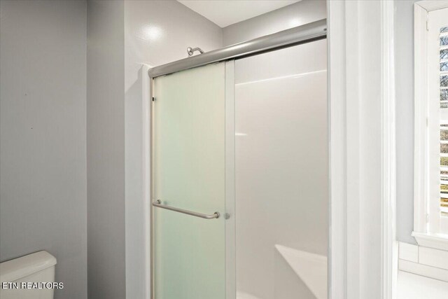 bathroom featuring toilet and a stall shower
