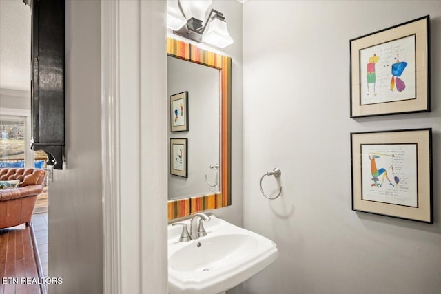 bathroom with a sink and wood finished floors