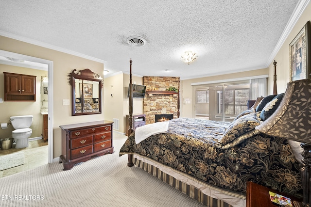 102 Baskins Creek Byp Unit 604, Gatlinburg, TN 37738 - bedroom with a stone fireplace, visible vents, carpet, and ornamental molding