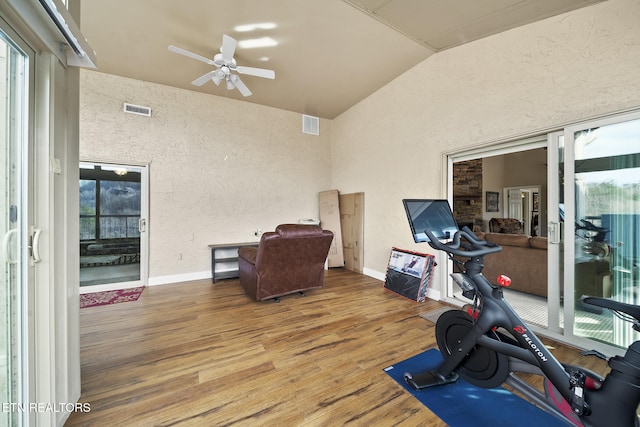 102 Baskins Creek Byp Unit 604, Gatlinburg, TN 37738 - workout room featuring a healthy amount of sunlight, vaulted ceiling, wood finished floors, and a ceiling fan