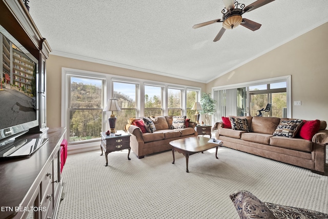 102 Baskins Creek Byp Unit 604, Gatlinburg, TN 37738 - living room with crown molding, lofted ceiling, a textured ceiling, carpet floors, and a ceiling fan