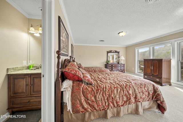 102 Baskins Creek Byp Unit 604, Gatlinburg, TN 37738 - bedroom with a textured ceiling, visible vents, ornamental molding, a sink, and carpet floors