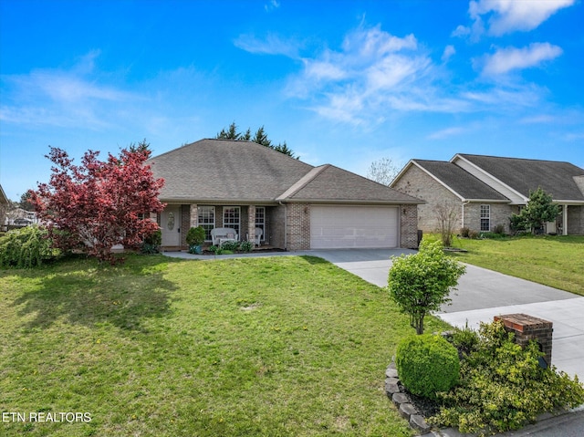 single story home with a front yard, a shingled roof, an attached garage, brick siding, and driveway