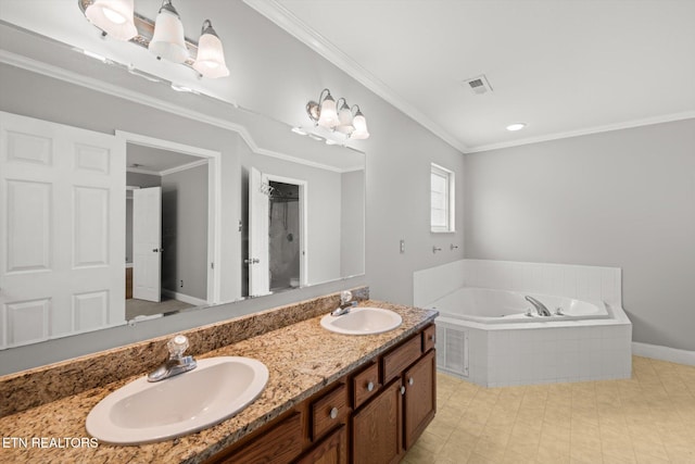 full bathroom featuring a sink, ornamental molding, a bath, and double vanity