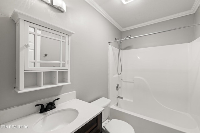 full bathroom featuring toilet, vanity, ornamental molding, and shower / bathtub combination
