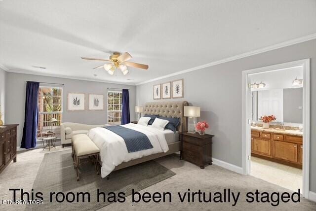 bedroom with baseboards, light colored carpet, and ornamental molding