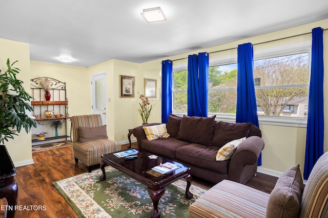 living area featuring wood finished floors and baseboards