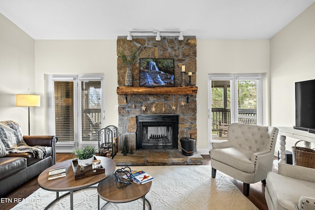 1050 Ski View Dr Unit 102, Gatlinburg, TN 37738 - living area featuring track lighting, wood finished floors, and a stone fireplace