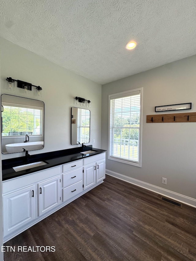 277 Deerfield Way, Lafollette, TN 37766 - bathroom with wood finished floors, a textured ceiling, baseboards, double vanity, and recessed lighting