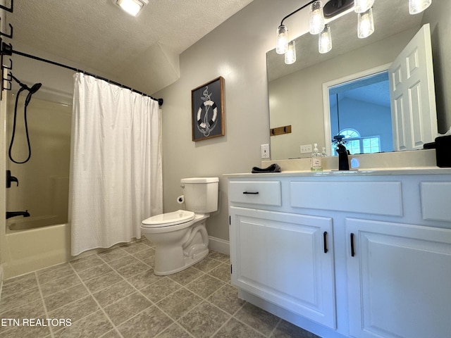 277 Deerfield Way, Lafollette, TN 37766 - bathroom featuring toilet, a textured ceiling, vanity, shower / bath combo with shower curtain, and baseboards