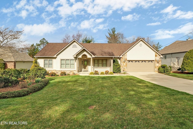 18 Inwood Dr, Fairfield Glade, TN 38558 - ranch-style home featuring stone siding, covered porch, concrete driveway, and a front lawn