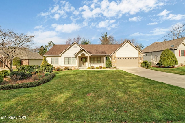18 Inwood Dr, Fairfield Glade, TN 38558 - single story home featuring stone siding, concrete driveway, a garage, and a front lawn