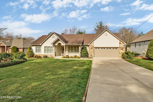 18 Inwood Dr, Fairfield Glade, TN 38558 - single story home featuring stone siding, driveway, a front lawn, a porch, and a garage