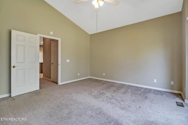18 Inwood Dr, Fairfield Glade, TN 38558 - empty room featuring high vaulted ceiling, carpet flooring, baseboards, visible vents, and ceiling fan