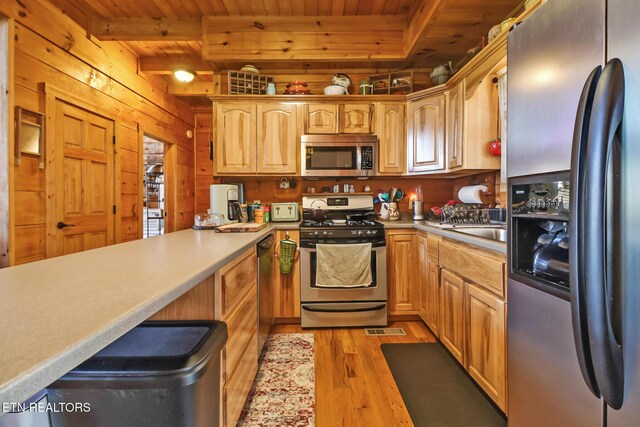 kitchen featuring wooden ceiling, stainless steel appliances, light countertops, and light wood-style flooring