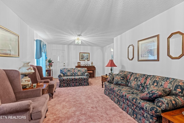 living area with a textured ceiling and carpet