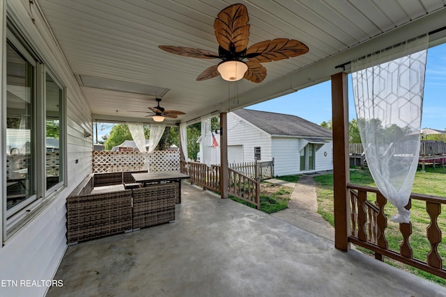 1533 Middlesettlements Rd, Maryville, TN 37801 - view of patio / terrace featuring a trampoline, ceiling fan, an outdoor structure, and fence