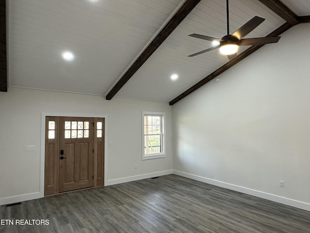 entryway featuring baseboards, a ceiling fan, dark wood finished floors, recessed lighting, and vaulted ceiling with beams