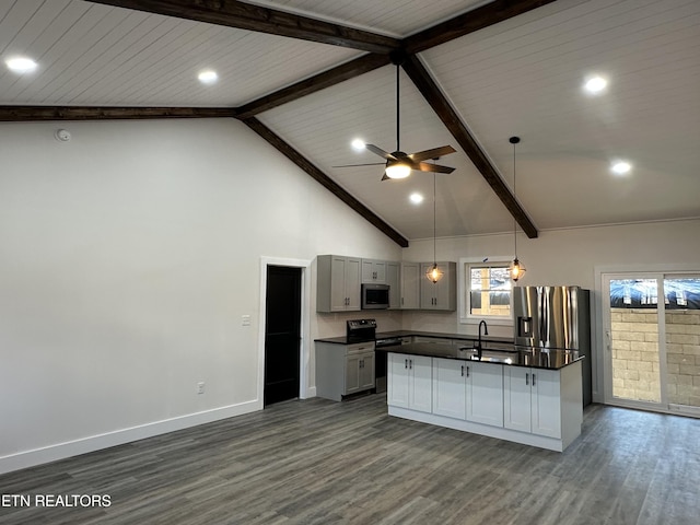 kitchen featuring dark wood-style flooring, a sink, dark countertops, and stainless steel appliances