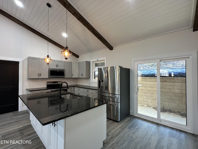 kitchen featuring appliances with stainless steel finishes, beamed ceiling, a sink, and dark wood-style floors
