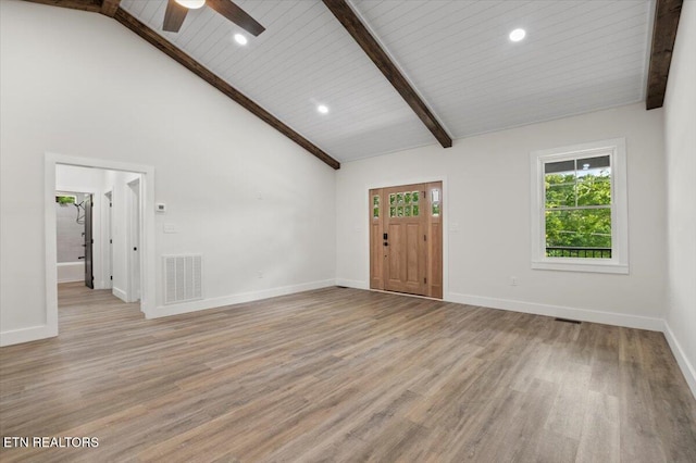520 Ridge Rd, Caryville, TN 37714 - unfurnished living room with beamed ceiling, light wood-style flooring, baseboards, ceiling fan, and high vaulted ceiling