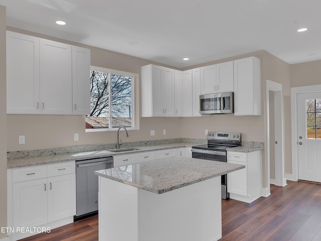 kitchen with a sink, appliances with stainless steel finishes, recessed lighting, and dark wood finished floors