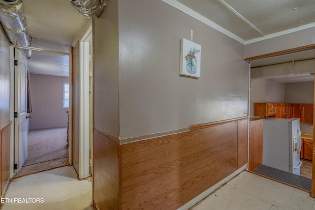 275 White Oak Rd, Oakdale, TN 37829 - interior space with white refrigerator with ice dispenser, ornamental molding, and brown cabinets