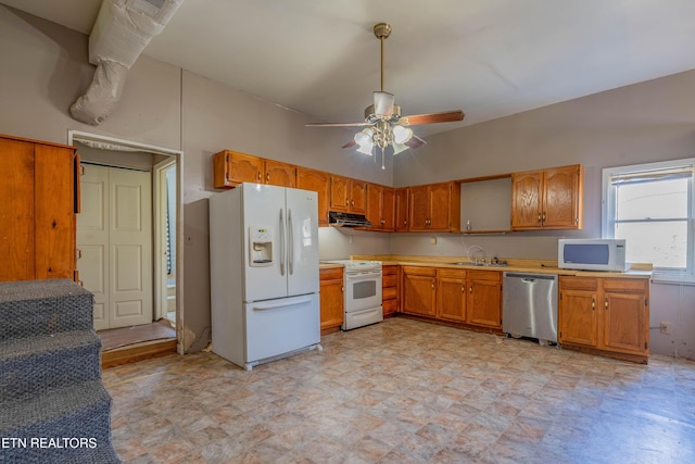275 White Oak Rd, Oakdale, TN 37829 - kitchen featuring light countertops, white appliances, under cabinet range hood, ceiling fan, and brown cabinets
