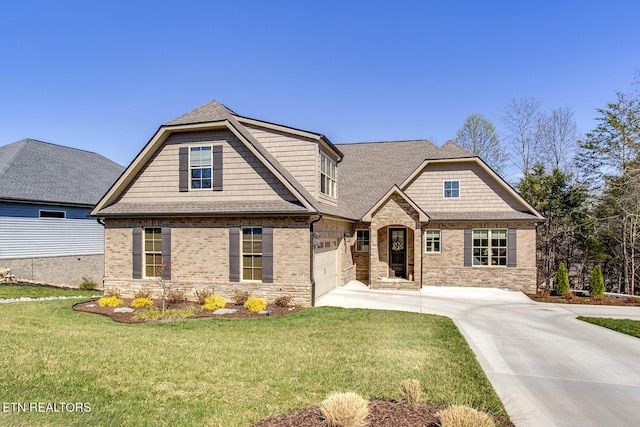 view of front of home with stone siding, driveway, a front lawn, a garage, and a shingled roof