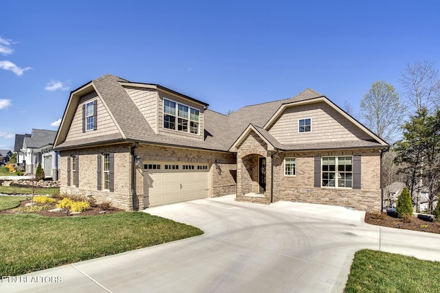 view of front of home with stone siding, roof with shingles, concrete driveway, an attached garage, and a front lawn