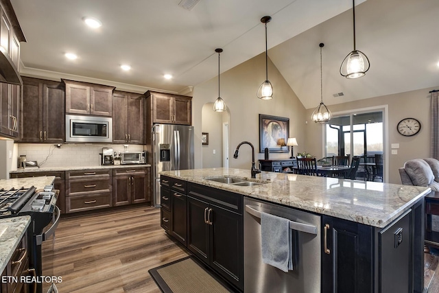 kitchen with appliances with stainless steel finishes, dark wood-type flooring, a sink, vaulted ceiling, and backsplash